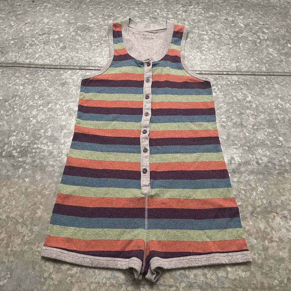 Victoria's Secret Vintage Y2K Ribbed Cotton Knit Romper Small Striped Pajama